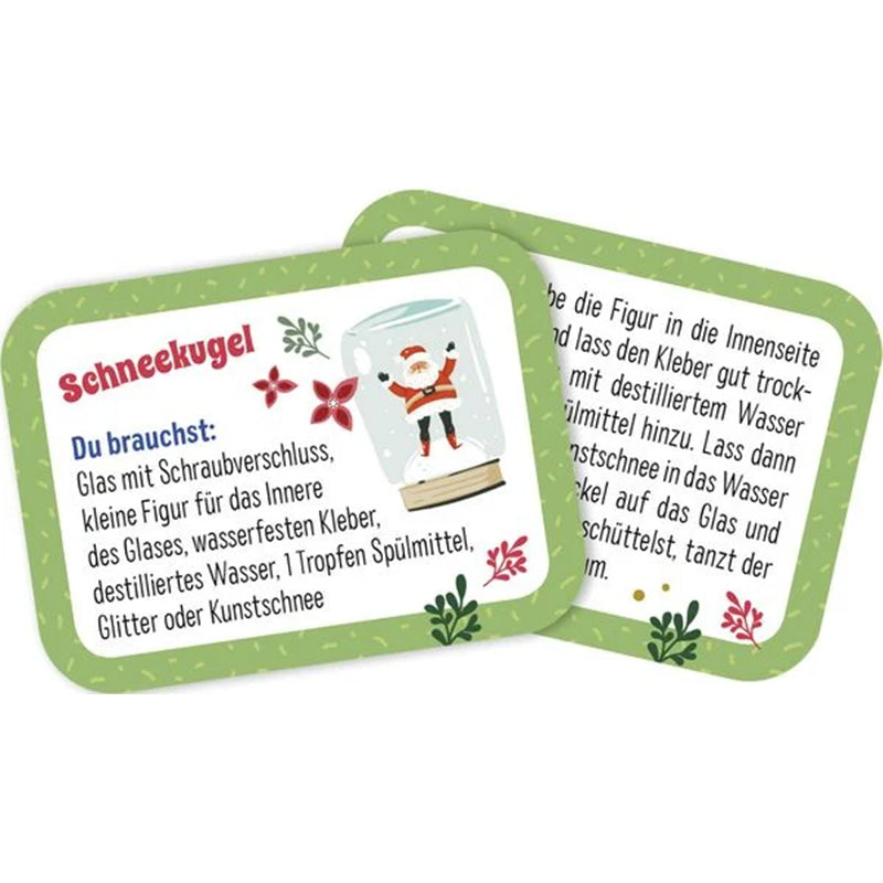 Beispielkarte „Schneekugel“ mit Bastelanleitung und Illustration eines Weihnachtsmanns im Glas.