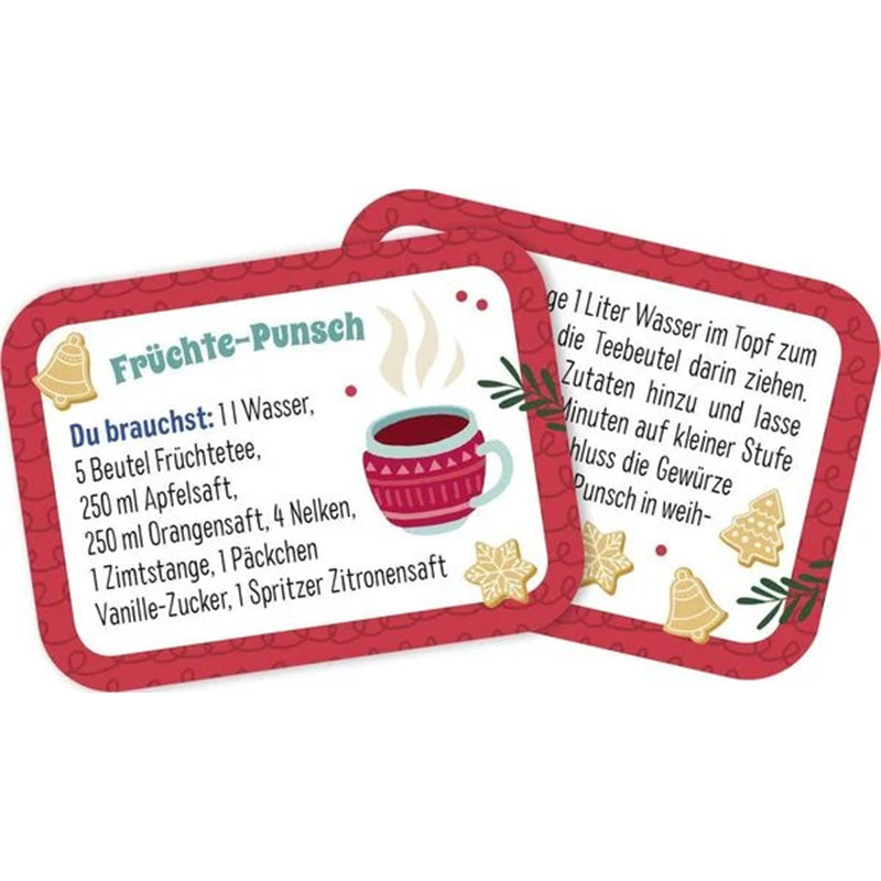 Beispielkarte „Früchte-Punsch“ mit Zutatenliste und Anleitung für ein winterliches Getränk.