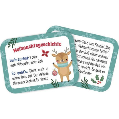 Beispielkarte „Weihnachtsgeschichte“ mit Spielanleitung und Illustration eines Rentiers.