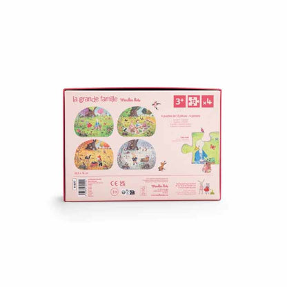 Rückseite der Verpackung der 4 Mini Puzzles La Grande Famille