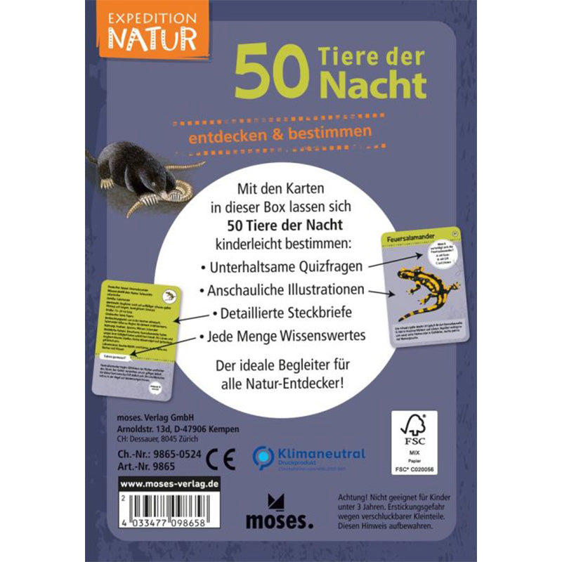Rückseite der Box „50 Tiere der Nacht“ aus der Reihe Expedition Natur mit Infos zu Quizfragen, Illustrationen und Steckbriefen.