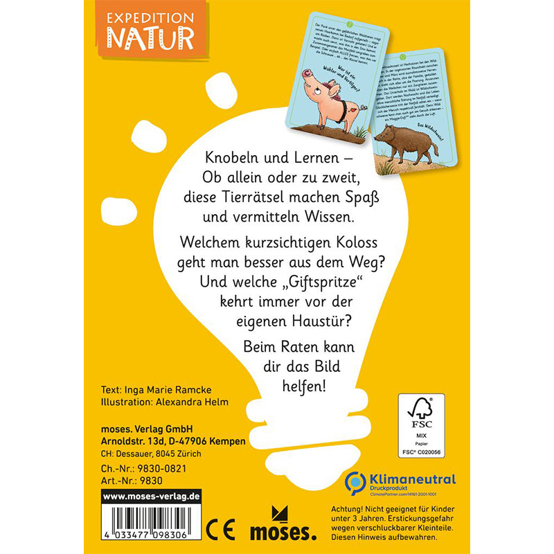 Rückseite einer Kartenbox „Expedition Natur – 50 wundersame Tierrätsel: Gefährliche Tiere“ mit Text über Rätselspaß und Wissen, illustriertem Wildschwein und Verlagsinfos.