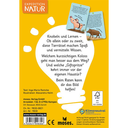 Rückseite einer Kartenbox „Expedition Natur – 50 wundersame Tierrätsel: Gefährliche Tiere“ mit Text über Rätselspaß und Wissen, illustriertem Wildschwein und Verlagsinfos.