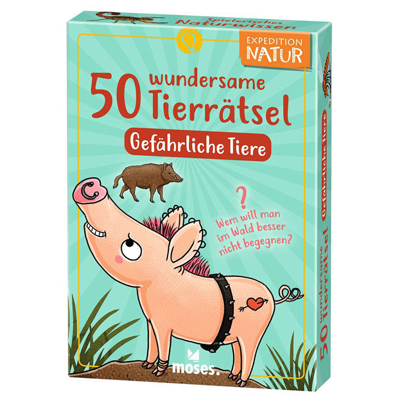 Verpackung der Kartenbox „Expedition Natur – 50 wundersame Tierrätsel: Gefährliche Tiere“ mit Illustration eines Wildschweins und Comicschwein mit Herz-Tattoo.