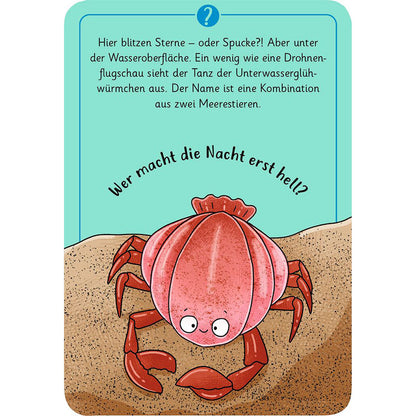 Karte mit Illustration eines roten Krebses, Rätseltext: „Wer macht die Nacht erst hell?“ – Hinweis auf leuchtende Meeresbewohner.