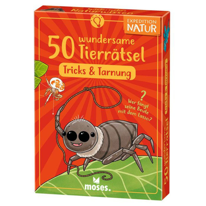 Verpackung „50 wundersame Tierrätsel – Tricks &amp; Tarnung“ von Moses Verlag, Illustration einer Spinne mit Lasso.