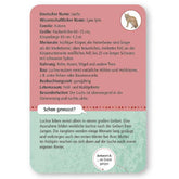 Kartenauswahl Luchs aus Kartenset zeigt Rückseite der Luchskarte mit Steckbrief