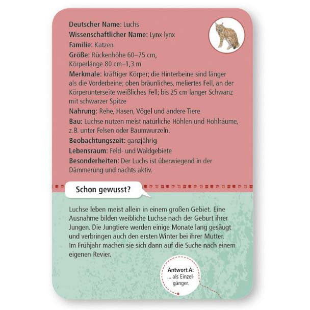 Kartenauswahl Luchs aus Kartenset zeigt Rückseite der Luchskarte mit Steckbrief