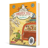 Buchcover: Titel „Die Schule der magischen Tiere – Abgefahren!“ – zeigt Kinder und ihre magischen Tiere in einem roten Bus, während ein Junge mit einem Krokodil auf dem Arm hinterherläuft.