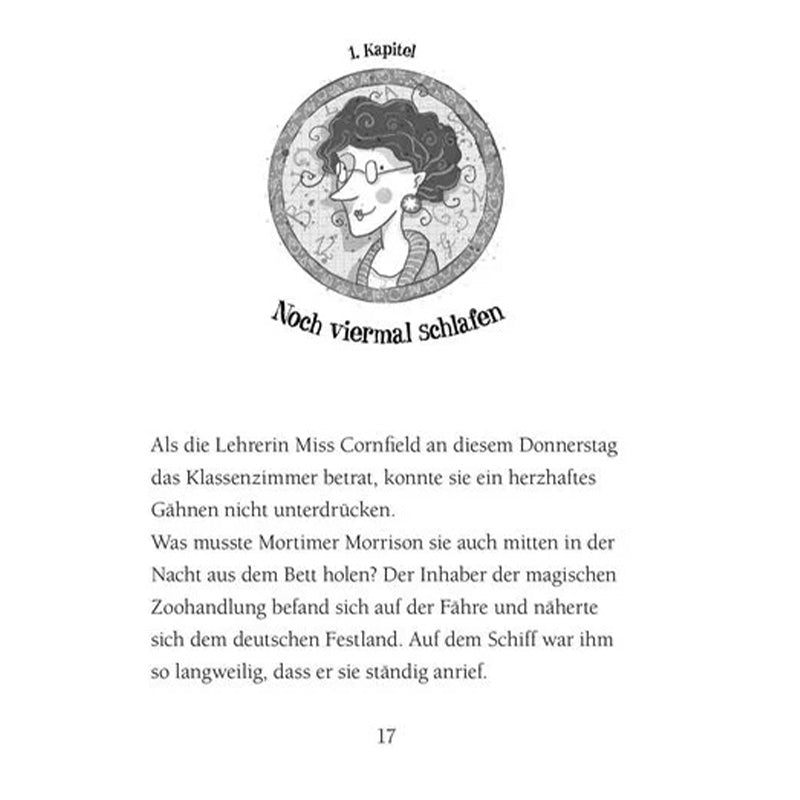 Buchseite: Kapitelanfang „Noch viermal schlafen“ – zeigt eine gezeichnete Lehrerin namens Miss Cornfield in einem runden Porträt über dem Textbeginn.