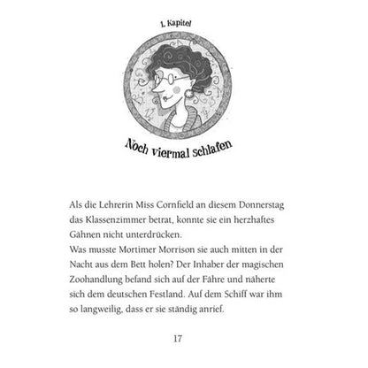 Buchseite: Kapitelanfang „Noch viermal schlafen“ – zeigt eine gezeichnete Lehrerin namens Miss Cornfield in einem runden Porträt über dem Textbeginn.