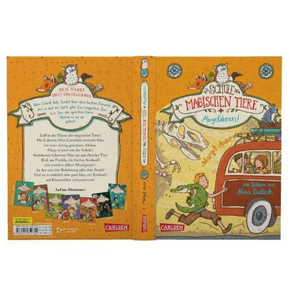 Buchrückseite und Umschlag: Gesamtabbildung des Buchcovers mit Rückseite – zeigt Text über die Geschichte, kleine Buchcover anderer Bände und Illustrationen der Tiere.