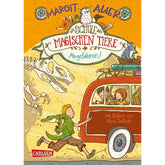 Buchcover (frontal): Titel „Die Schule der magischen Tiere – Abgefahren!“ – dieselbe Szene wie beim ersten Bild: ein Junge mit einem grünen Krokodil läuft neben einem roten Bus, im Hintergrund ein großes Dinosaurierskelett.