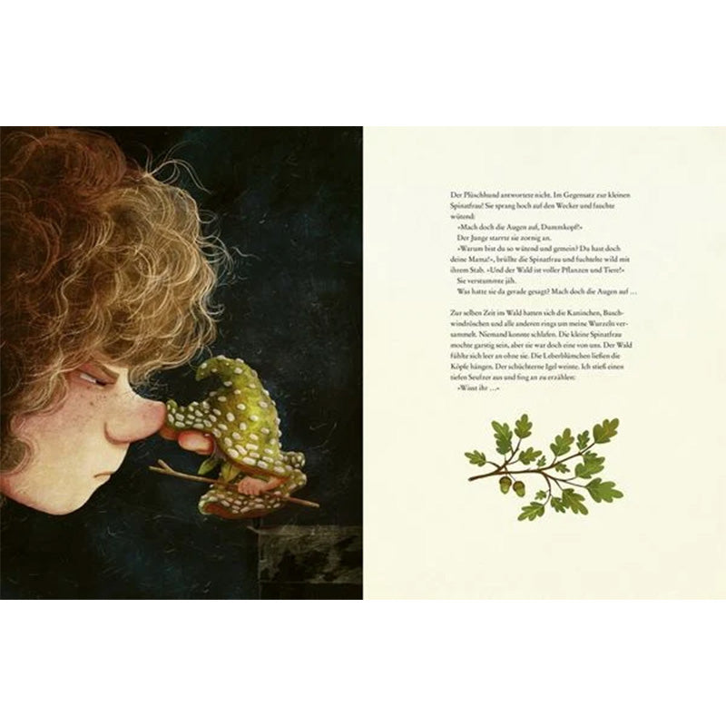 Illustration aus dem Kinderbuch Als der Wald erwachte. Links ein Junge mit lockigen Haaren, der einem grünen Frosch mit weißen Punkten auf der Nase gegenübersteht. Rechts Text auf weißem Hintergrund, darunter eine Zeichnung eines Eichen-Zweiges mit Blättern und Eicheln.
