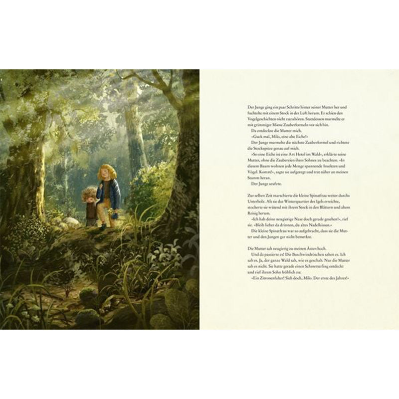 Illustration aus dem Kinderbuch Als der Wald erwachte. Zwei Kinder stehen im dichten, grünen Wald, umgeben von Bäumen und Farnen, während Sonnenstrahlen durch das Blätterdach scheinen. Auf der rechten Seite befindet sich Text auf weißem Hintergrund.
