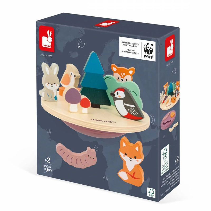 Verpackung des Janod Holz-Balancierspiels „Waldtiere“ aus der WWF-Kollektion, mit abgebildeten Figuren wie Fuchs, Hase, Specht, Reh und Pilze.