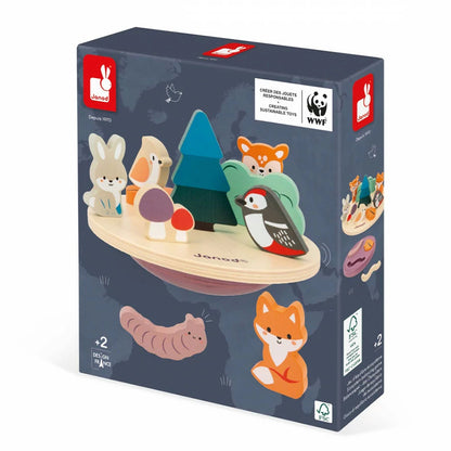 Verpackung des Janod Holz-Balancierspiels „Waldtiere“ aus der WWF-Kollektion, mit abgebildeten Figuren wie Fuchs, Hase, Specht, Reh und Pilze.