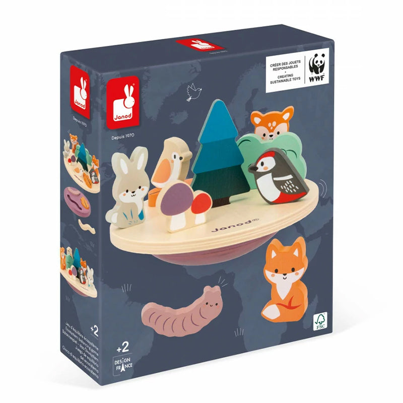 Verpackung des Janod Balancier-Waldspiels mit Tieren, Bäumen und Pilzen, illustriert im typischen Janod-Stil.