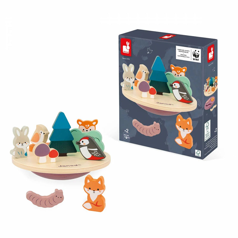 Janod Balancier-Holzspiel mit Box und Figuren, darunter Waldtiere, Bäume und Pilze, zum Stapeln und Ausbalancieren.