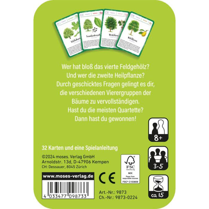 Rückseite des Kartenspiels: Erklärung des Spielziels (Quartette sammeln) und Spielinfos (32 Karten, 8+ Jahre, 3–5 Spieler)