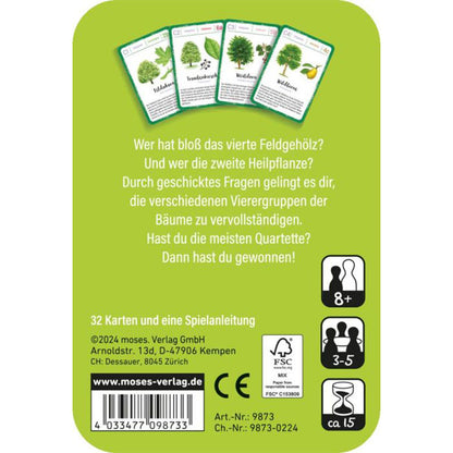 Rückseite des Kartenspiels: Erklärung des Spielziels (Quartette sammeln) und Spielinfos (32 Karten, 8+ Jahre, 3–5 Spieler)