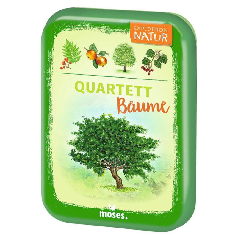 Verpackung „Quartett Bäume“: Grüne Box mit Illustration eines Baumes und Titel „Quartett Bäume – Expedition Natur“.
