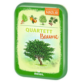 Verpackung „Quartett Bäume“: Grüne Box mit Illustration eines Baumes und Titel „Quartett Bäume – Expedition Natur“.
