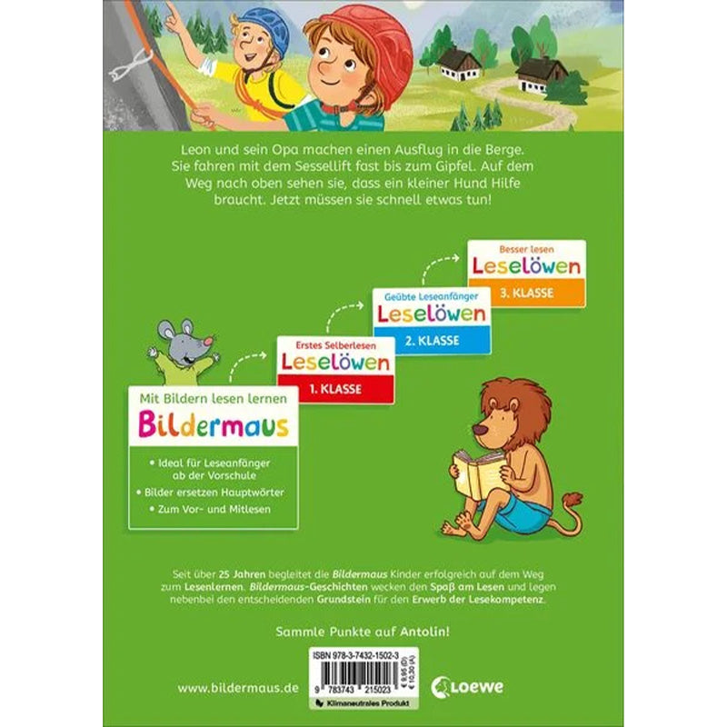 Buchrückseite mit kurzer Inhaltsangabe zur Geschichte von Leon und seinem Opa in den Bergen. Darunter eine farbige Darstellung der Leselern-Reihen (Bildermaus und Leselöwen) mit Maus und Löwe.