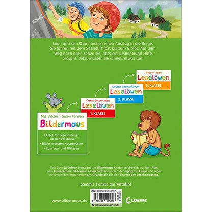 Buchrückseite mit kurzer Inhaltsangabe zur Geschichte von Leon und seinem Opa in den Bergen. Darunter eine farbige Darstellung der Leselern-Reihen (Bildermaus und Leselöwen) mit Maus und Löwe.