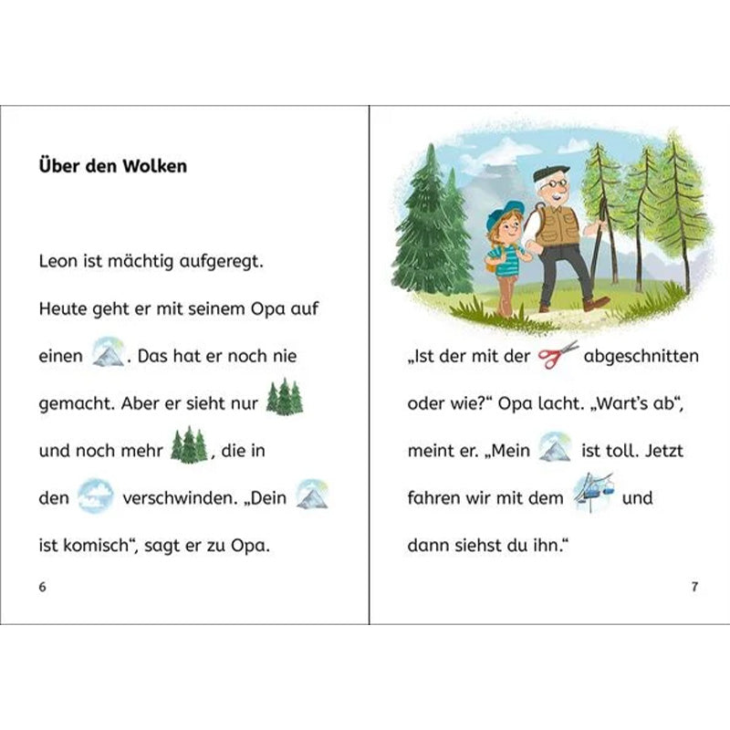 Buchseite mit der Überschrift „Über den Wolken“. Text mit Symbolen anstelle von Wörtern, daneben eine Illustration von Leon und seinem Opa beim Wandern im Wald.