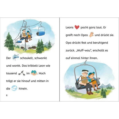 Buchseite mit farbigen Illustrationen von Leon und Opa im Sessellift. Der Text enthält wieder Wortbilder (z. B. Herz, Hand, Berg).