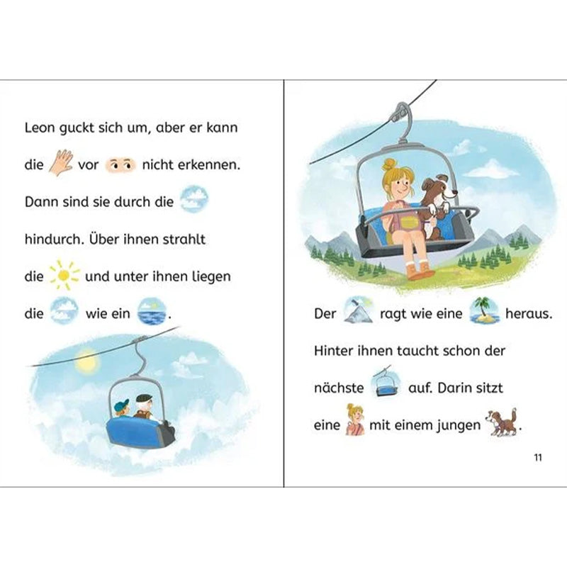 Buchseite mit zwei Illustrationen. Links sitzen Leon und Opa im Sessellift, rechts eine Frau mit einem Hund im nächsten Sessellift hinter ihnen.
