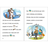 Buchseite mit einem fröhlich bellenden Hund im Sessellift links und Leon mit seinem Opa beim Aussteigen rechts.