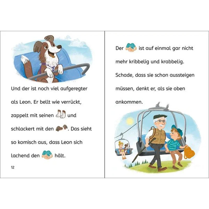Buchseite mit einem fröhlich bellenden Hund im Sessellift links und Leon mit seinem Opa beim Aussteigen rechts.