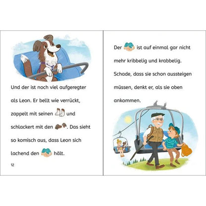 Buchseite mit einem fröhlich bellenden Hund im Sessellift links und Leon mit seinem Opa beim Aussteigen rechts.