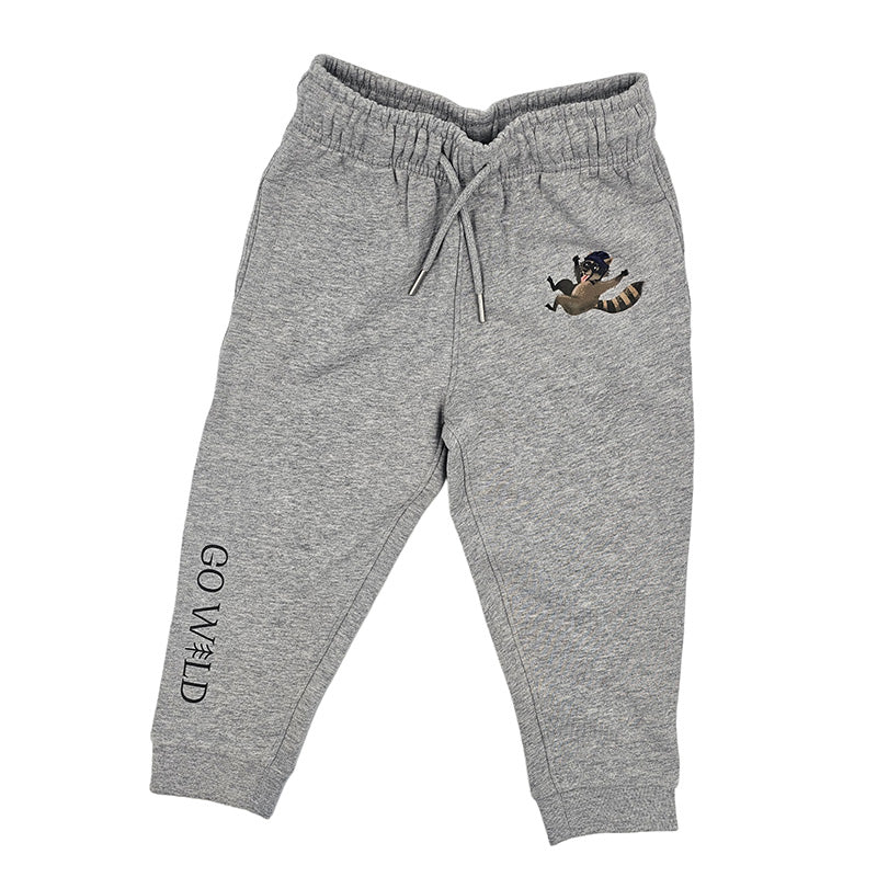 Vorderansicht einer grauen Bio-Baumwollhose für Kinder mit Waschbären-Motiv, zeigt bequemen Schnitt und elastischen Bund, auf weißem Hintergrund