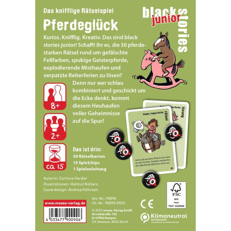 Rückseite der Spielverpackung Black Stories Junior – Pferdeglück mit Beschreibung des Spiels, Spielkarten und Symbolen.