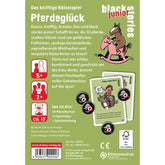Rückseite der Spielverpackung Black Stories Junior – Pferdeglück mit Beschreibung des Spiels, Spielkarten und Symbolen.