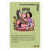 Spielkarte „Ein echtes Hauspferd – Rätsel“ mit Illustration eines Pferdes und eines Mädchens, die gemeinsam auf einem rosa Sofa sitzen.