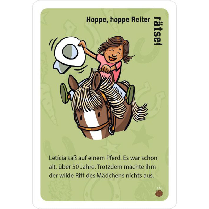 Spielkarte „Hoppe, hoppe Reiter – Rätsel“ mit Illustration eines Mädchens, das fröhlich auf einem Pferd reitet und einen Hut in der Hand hält.
