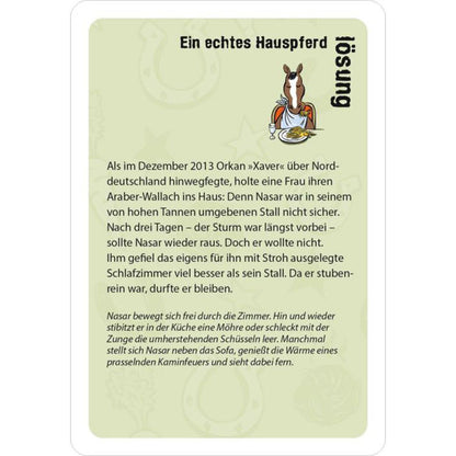 Spielkarte „Ein echtes Hauspferd – Lösung“ mit Illustration eines Pferdes am Esstisch, das eine Schüssel isst.