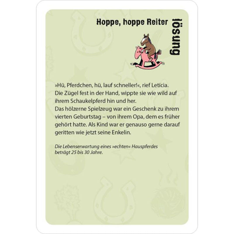 Spielkarte „Hoppe, hoppe Reiter – Lösung“ mit Illustration eines Pferdes, das ein Kind trägt.
