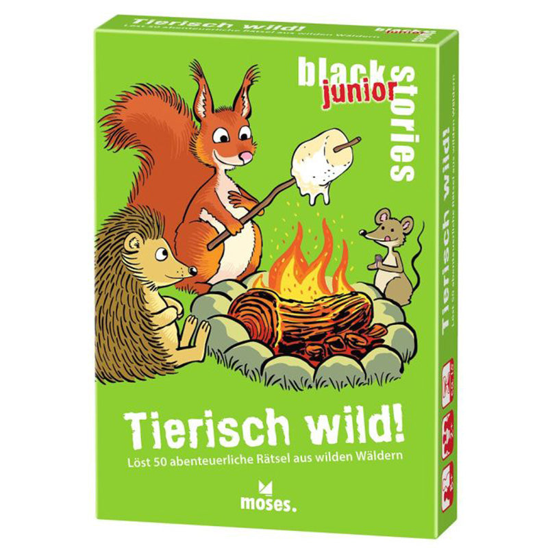 Spielschachtel Black Stories Junior – Tierisch wild! mit Waldtieren am Lagerfeuer.