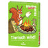 Spielschachtel Black Stories Junior – Tierisch wild! mit Waldtieren am Lagerfeuer.