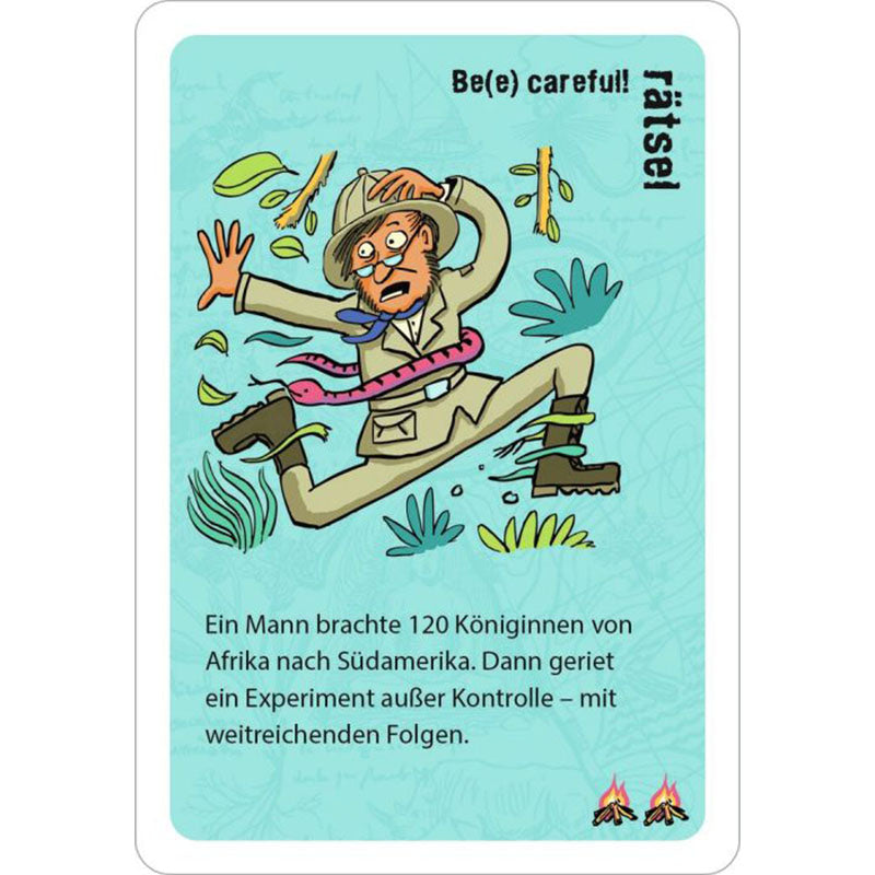 Rätselkarte „Be(e) careful!“ mit Zeichnung eines Forschers, der erschrocken vor Bienen davonläuft. Text über einen Mann, der 120 Bienenköniginnen nach Südamerika brachte.