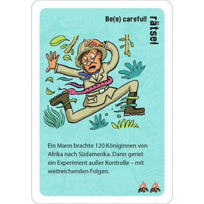 Rätselkarte „Be(e) careful!“ mit Zeichnung eines Forschers, der erschrocken vor Bienen davonläuft. Text über einen Mann, der 120 Bienenköniginnen nach Südamerika brachte.