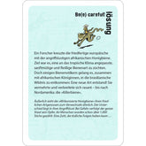 Rückseite der Lösungskarte „Be(e) careful!“. Illustration: Forscher auf Bären reitend. Text beschreibt die Entstehung der aggressiven „Killerbiene“ durch Kreuzung europäischer und afrikanischer Honigbienen.