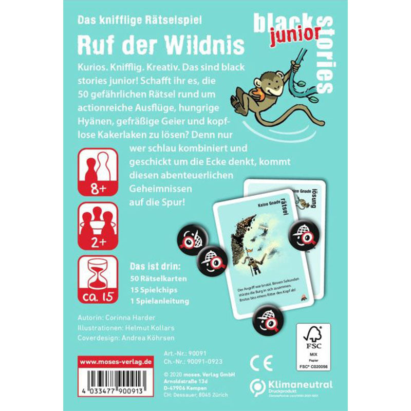 Rückseite der Spielebox black stories junior – Ruf der Wildnis. Vorstellung des Spiels: 50 Rätselkarten rund um gefährliche Abenteuer, geeignet ab 8 Jahren. Mit Auflistung des Inhalts und Spielerinfos.