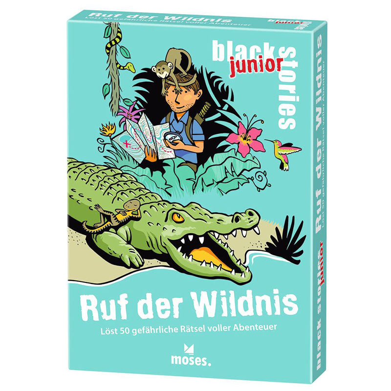 Vorderseite der Spielebox black stories junior – Ruf der Wildnis. Illustration: Junge mit Rucksack und Karte, neben ihm ein riesiges Krokodil.