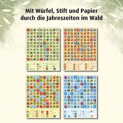 Übersicht mit vier Spielblättern, die die Jahreszeiten Frühling, Sommer, Herbst und Winter zeigen.